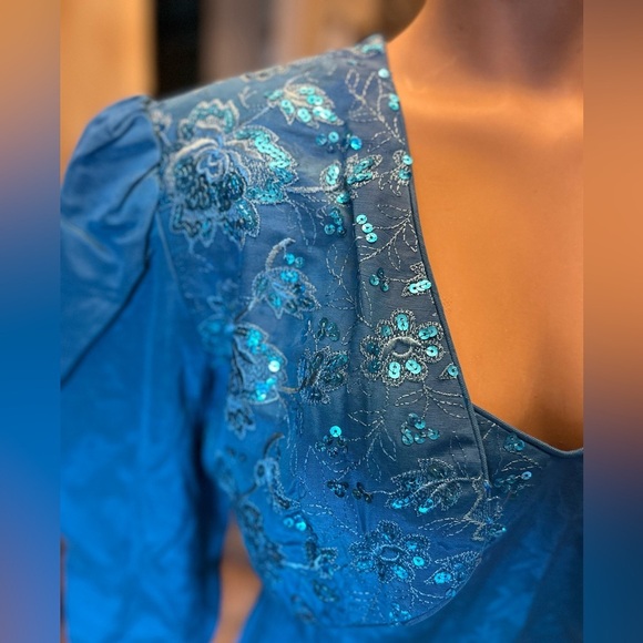 Vintage Scott McClintock Teal Floral Sequin Sweetheart Prom Dress with Bolero - Picture 4 of 14